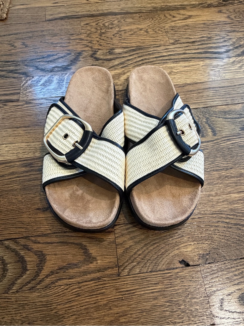 Woven Cream Slide Sandals with Black Trim